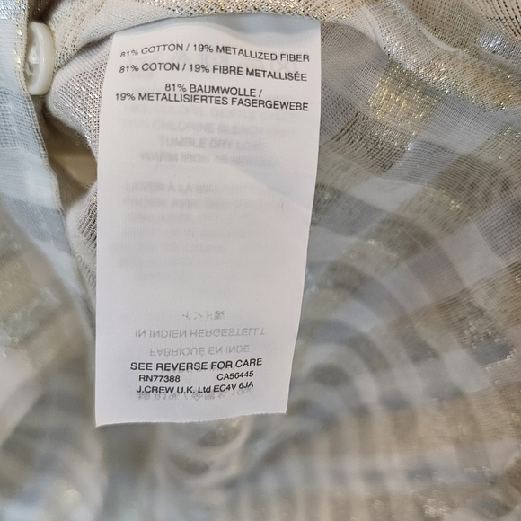 J. Crew Top Womens Sz 12 Tall White & Gold Metallic Plaid Voile Popover - Picture 6 of 11